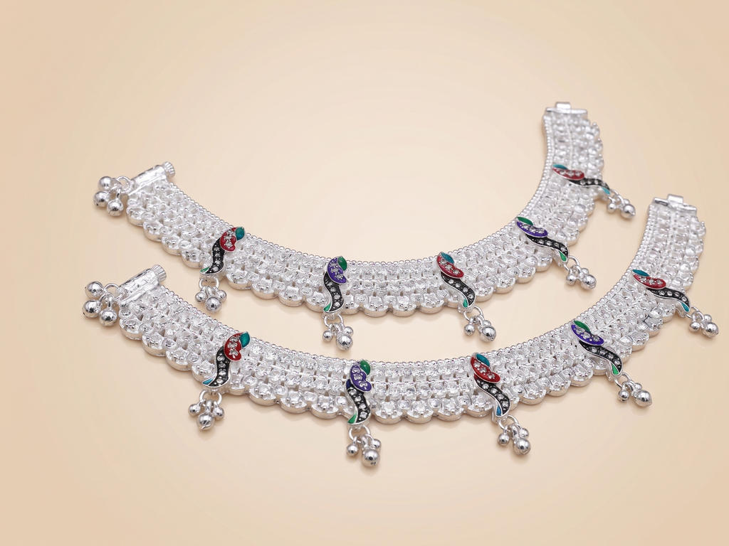 Exquisite Indian Bridal Silver Payal Set – Heavy Fancy Anklets with Vibrant Meenakari Work