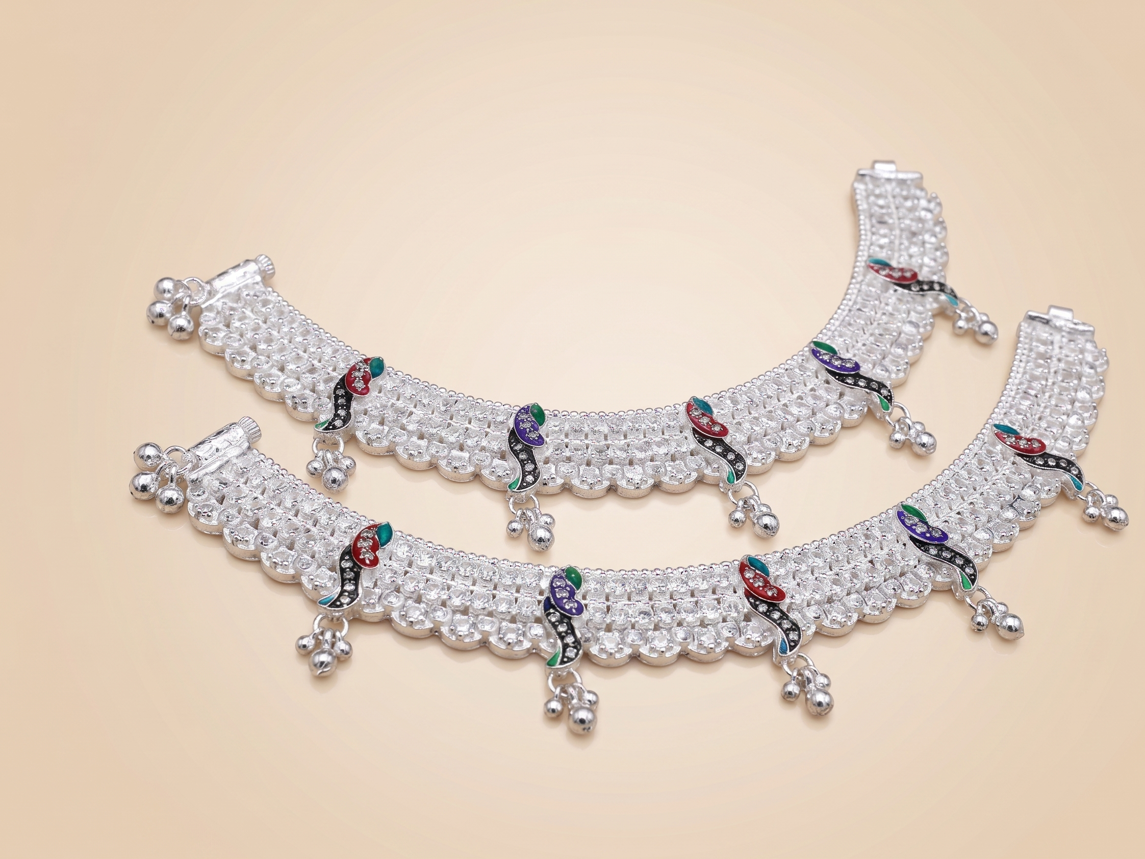 Exquisite Indian Bridal Silver Payal Set – Heavy Fancy Anklets with Vibrant Meenakari Work