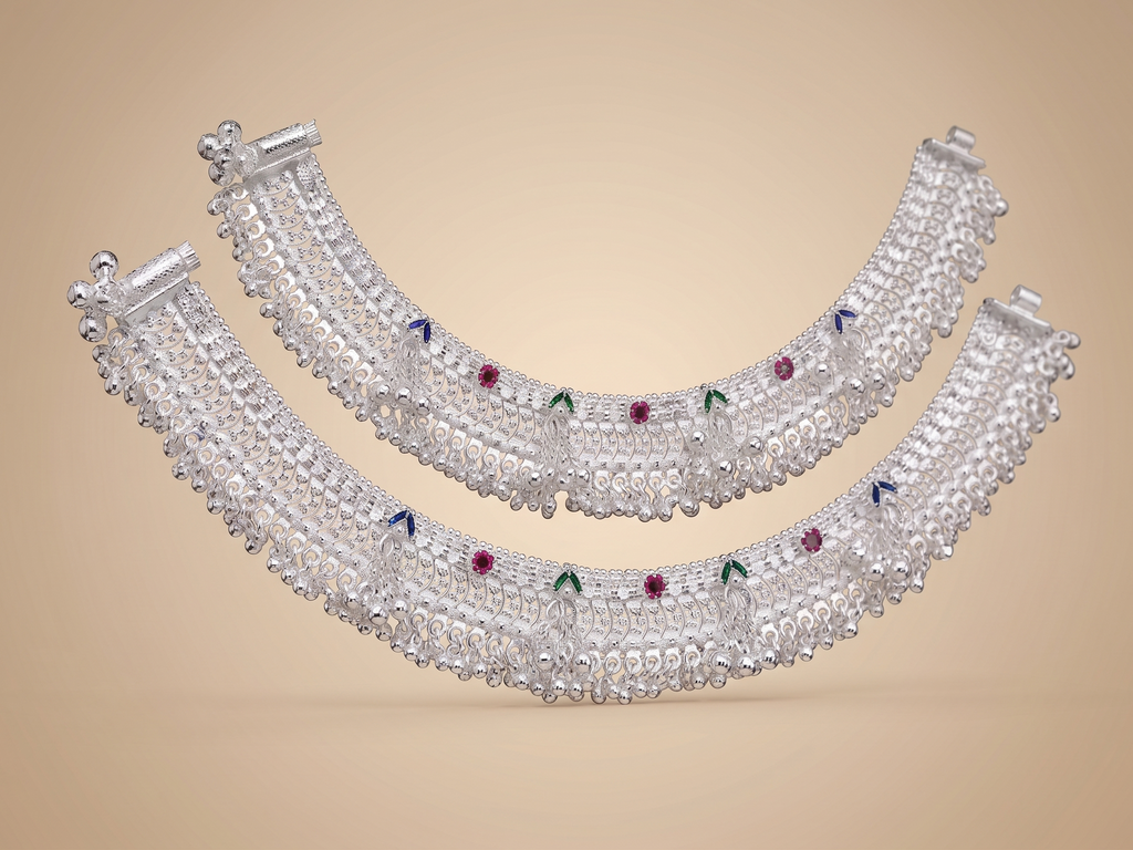 Ornate Bridal Silver Payal Set – Heavy Traditional Indian Anklets with Ghungroo Fringe