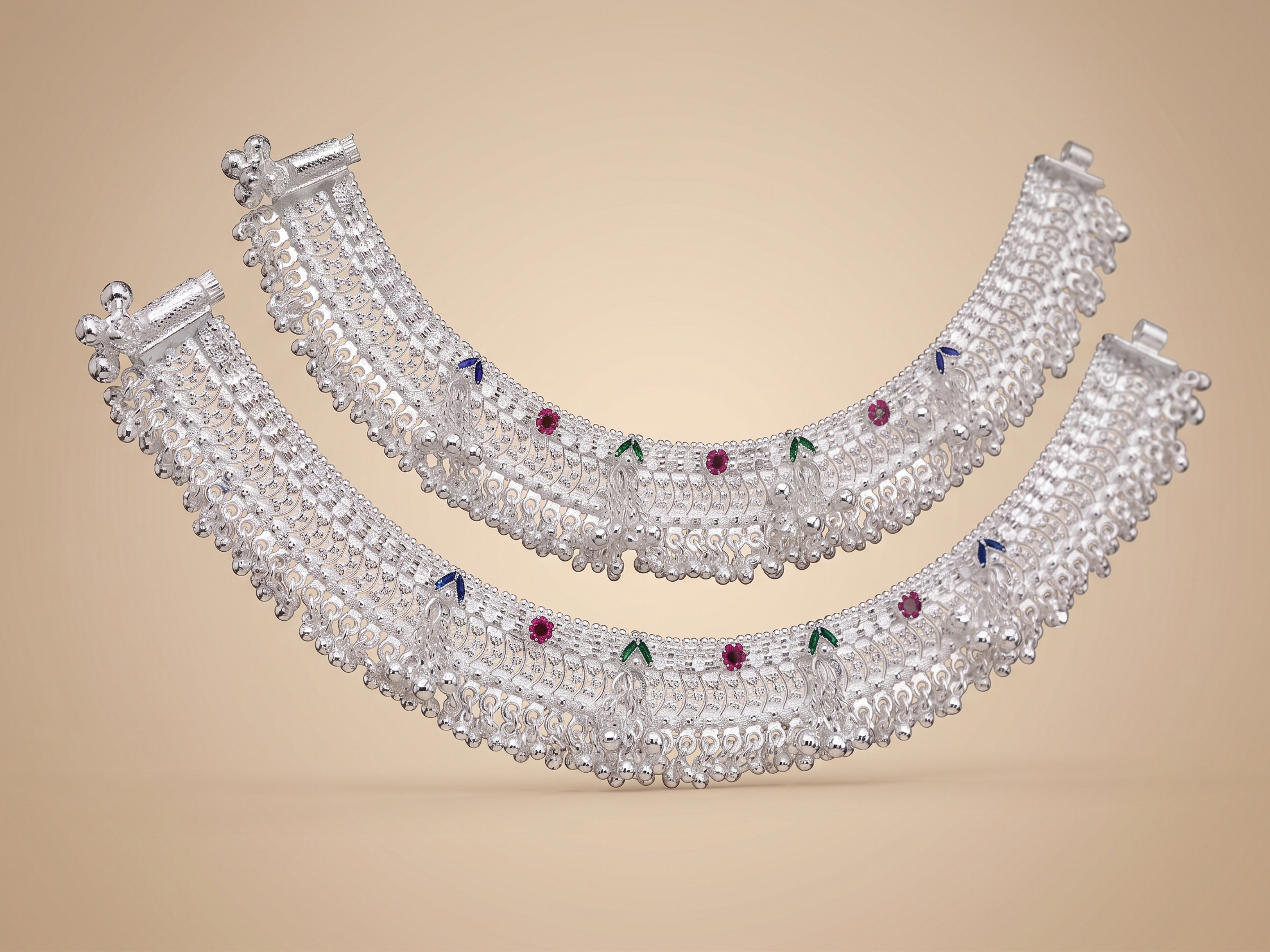 Ornate Bridal Silver Payal Set – Heavy Traditional Indian Anklets with Ghungroo Fringe