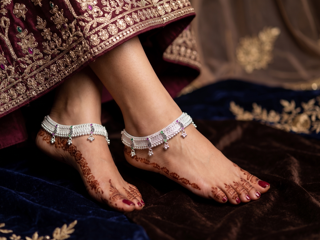 Traditional Silver Payal with Colorful Meenakari Accents | Heavy Bridal Anklets with Hanging Ghungroo | Ethnic Stone-Studded Indian Leg Chains for Women