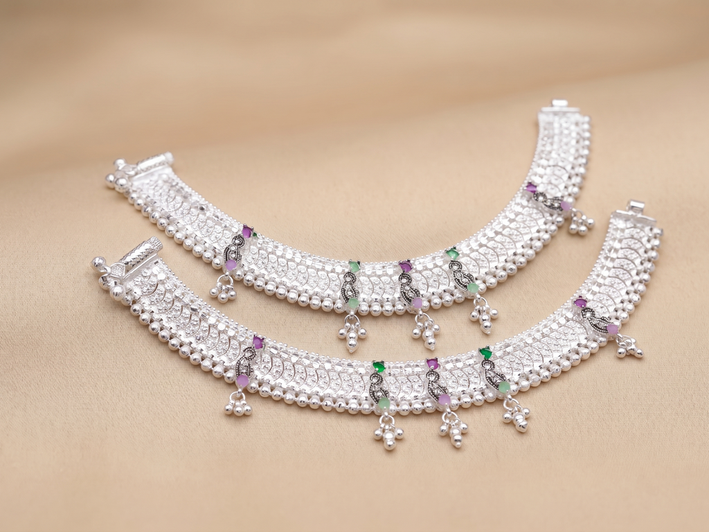 Traditional Silver Payal with Colorful Meenakari Accents | Heavy Bridal Anklets with Hanging Ghungroo | Ethnic Stone-Studded Indian Leg Chains for Women