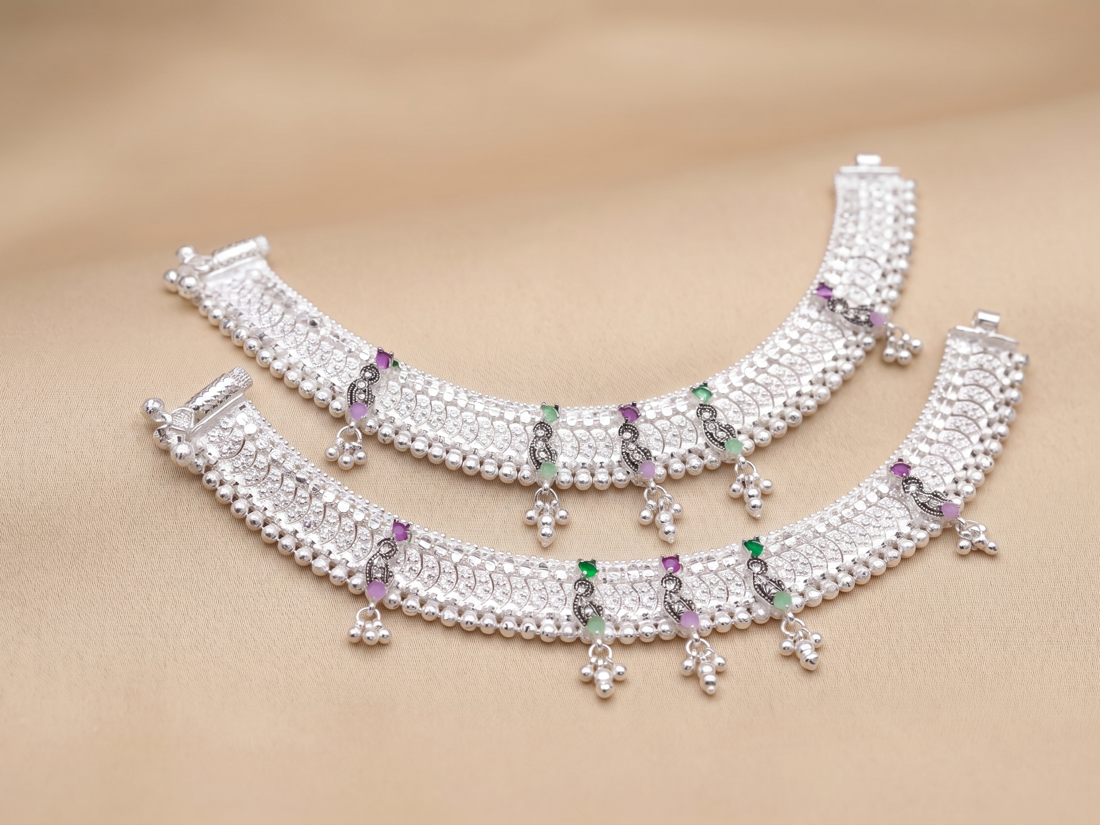 Traditional Silver Payal with Colorful Meenakari Accents | Heavy Bridal Anklets with Hanging Ghungroo | Ethnic Stone-Studded Indian Leg Chains for Women