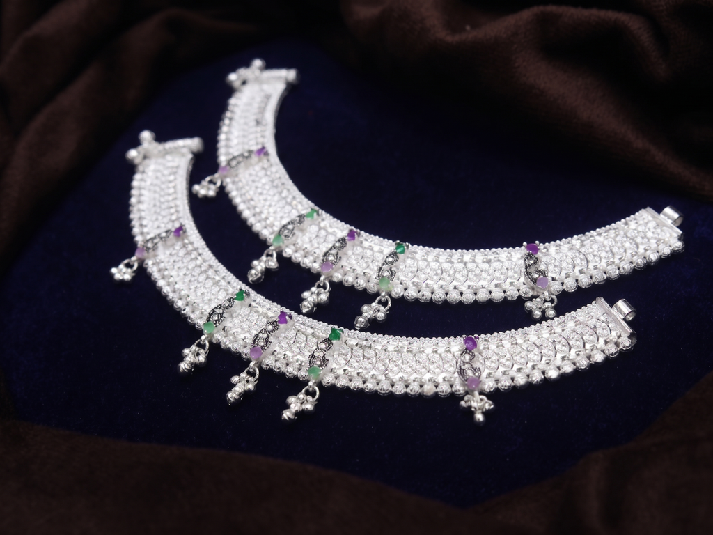 Traditional Silver Payal with Colorful Meenakari Accents | Heavy Bridal Anklets with Hanging Ghungroo | Ethnic Stone-Studded Indian Leg Chains for Women