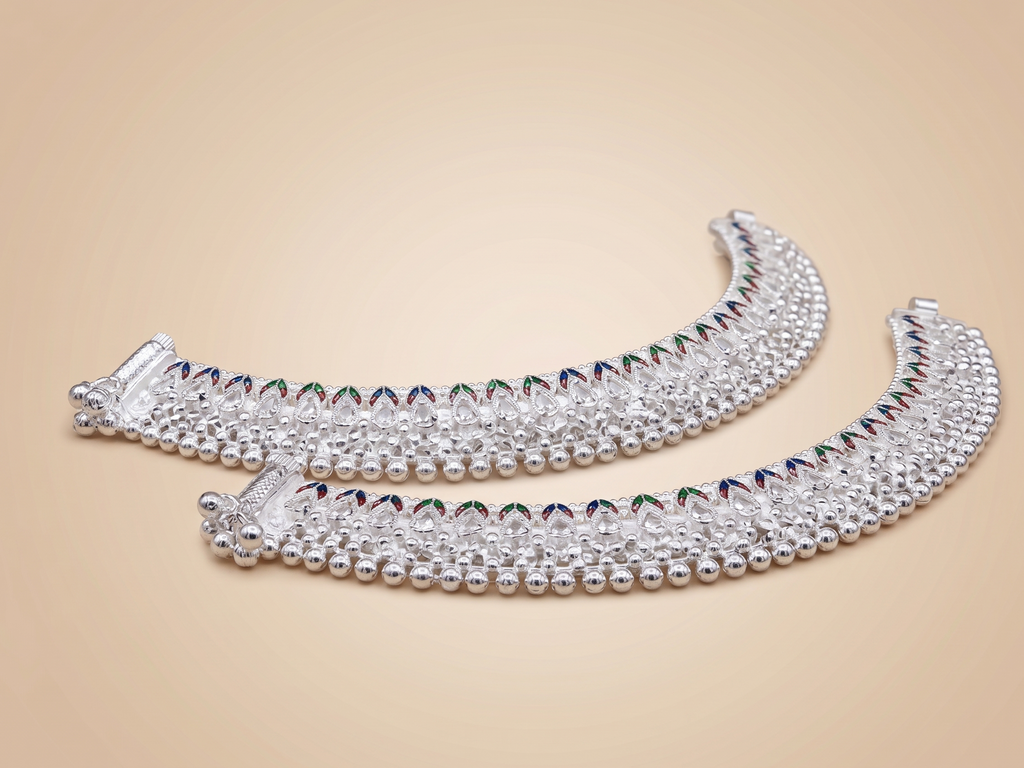 Traditional Silver Payal with Multi-Color Enamel Work | Heavy Bridal Anklets with Meenakari Leaf Patterns | Ethnic Indian Leg Chains for Women & Brides