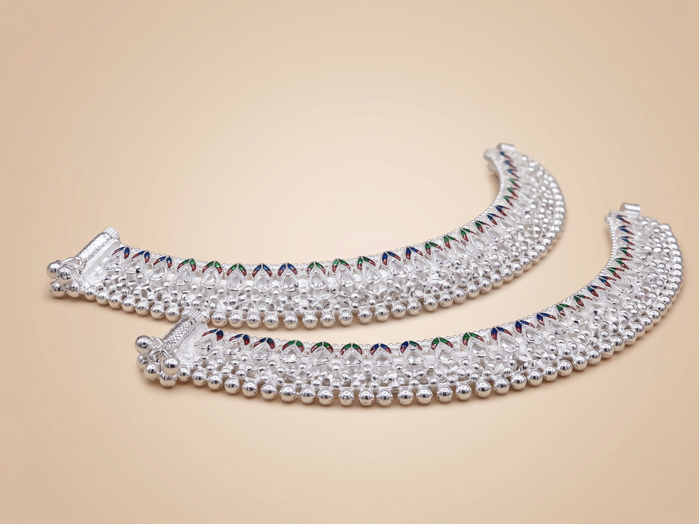 Traditional Silver Payal with Multi-Color Enamel Work | Heavy Bridal Anklets with Meenakari Leaf Patterns | Ethnic Indian Leg Chains for Women & Brides