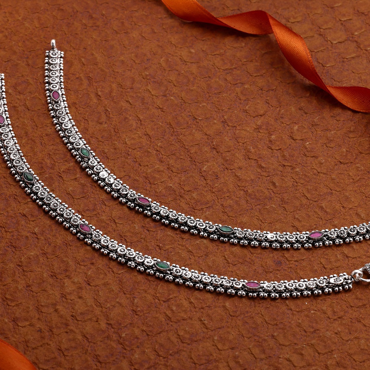 Oxidized Heritage Slim Payal with Ruby & Emerald Accents by Radhe Payal