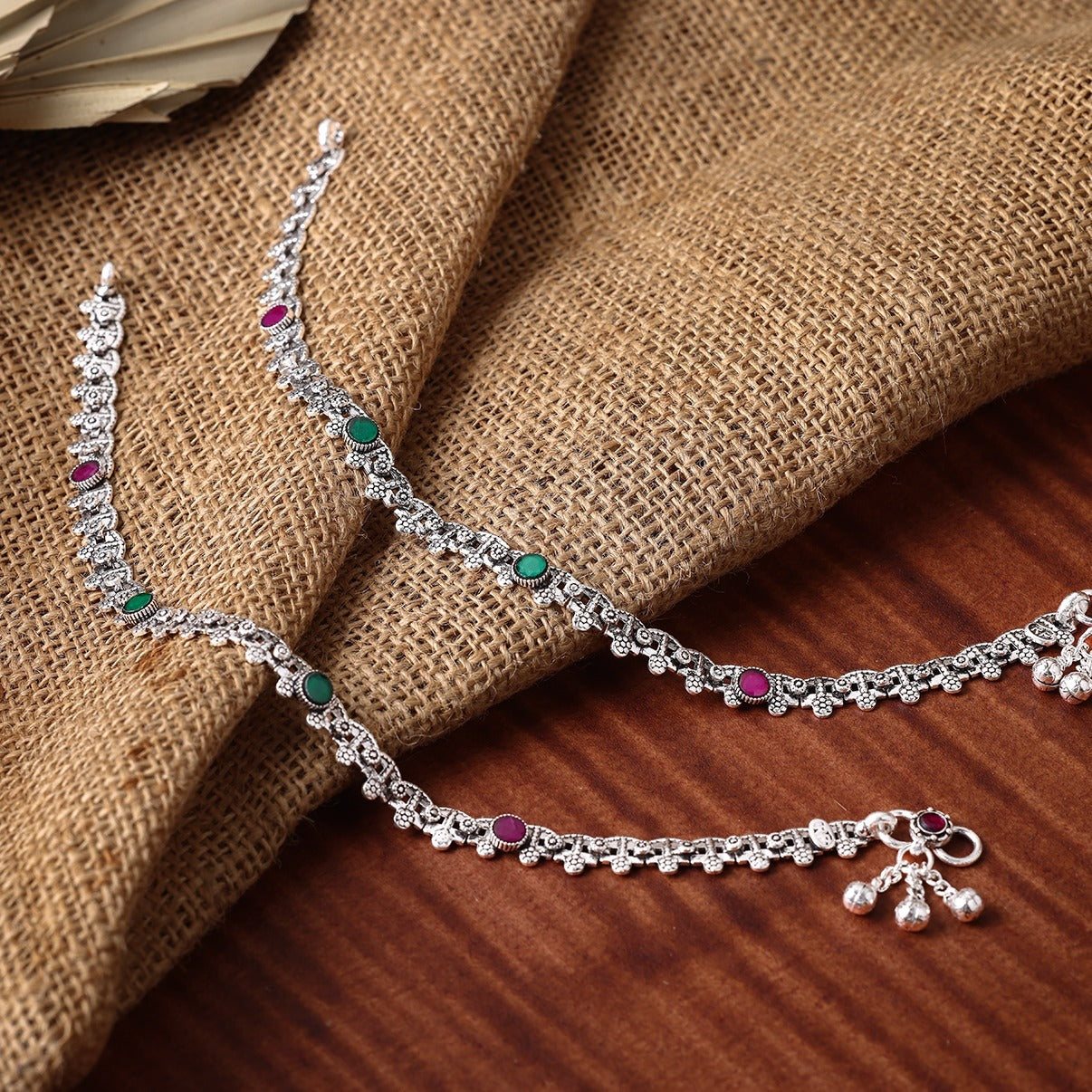 Antique Oxidized Ruby & Emerald Chain Payal by Radhe Payal