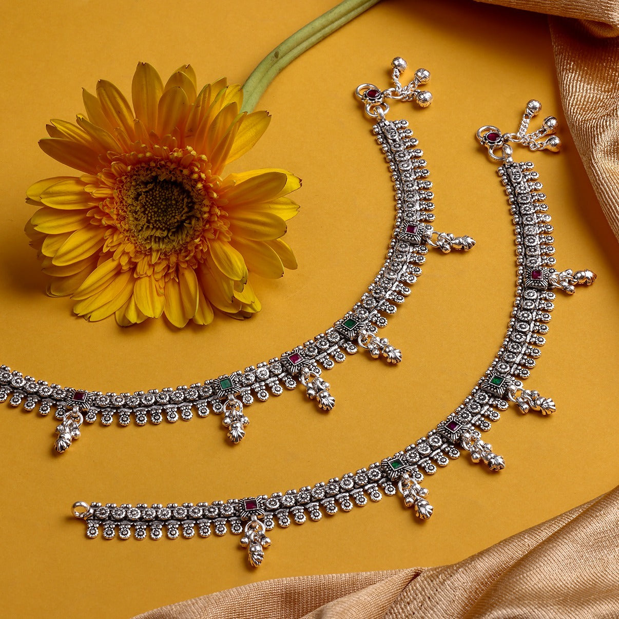Antique Tribal Heritage Payal with Ruby & Emerald Accents by Radhe Payal