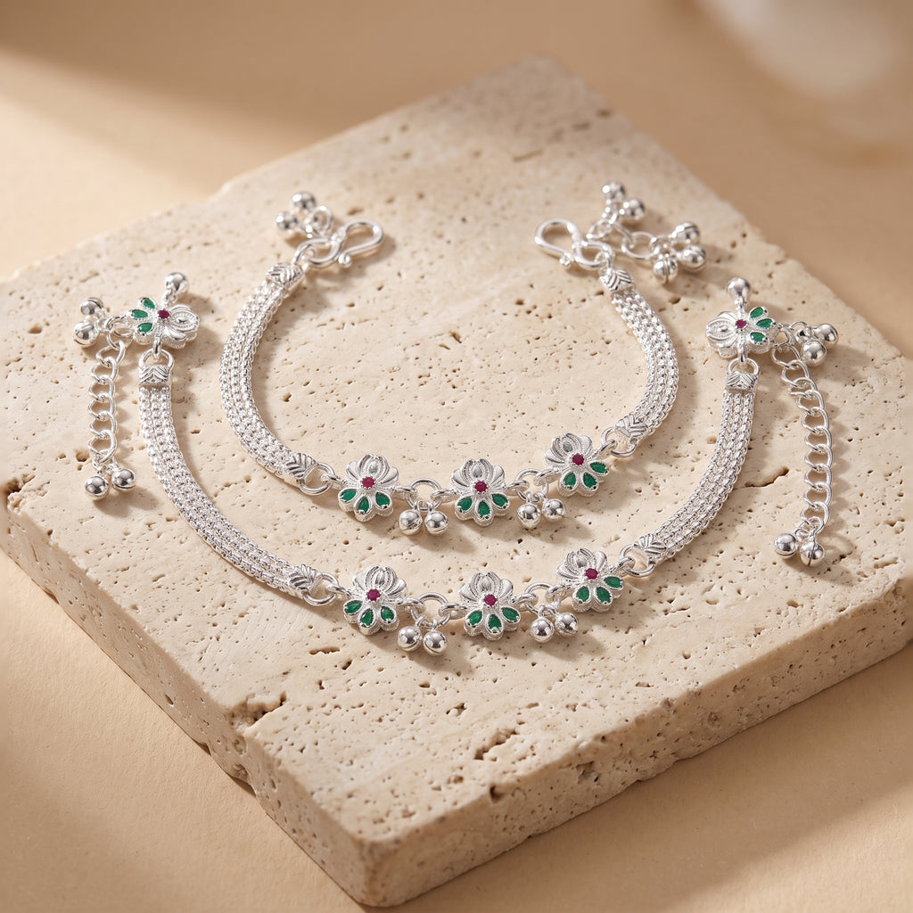Handcrafted Anklet Pair with Ghungroo – Silver Finish