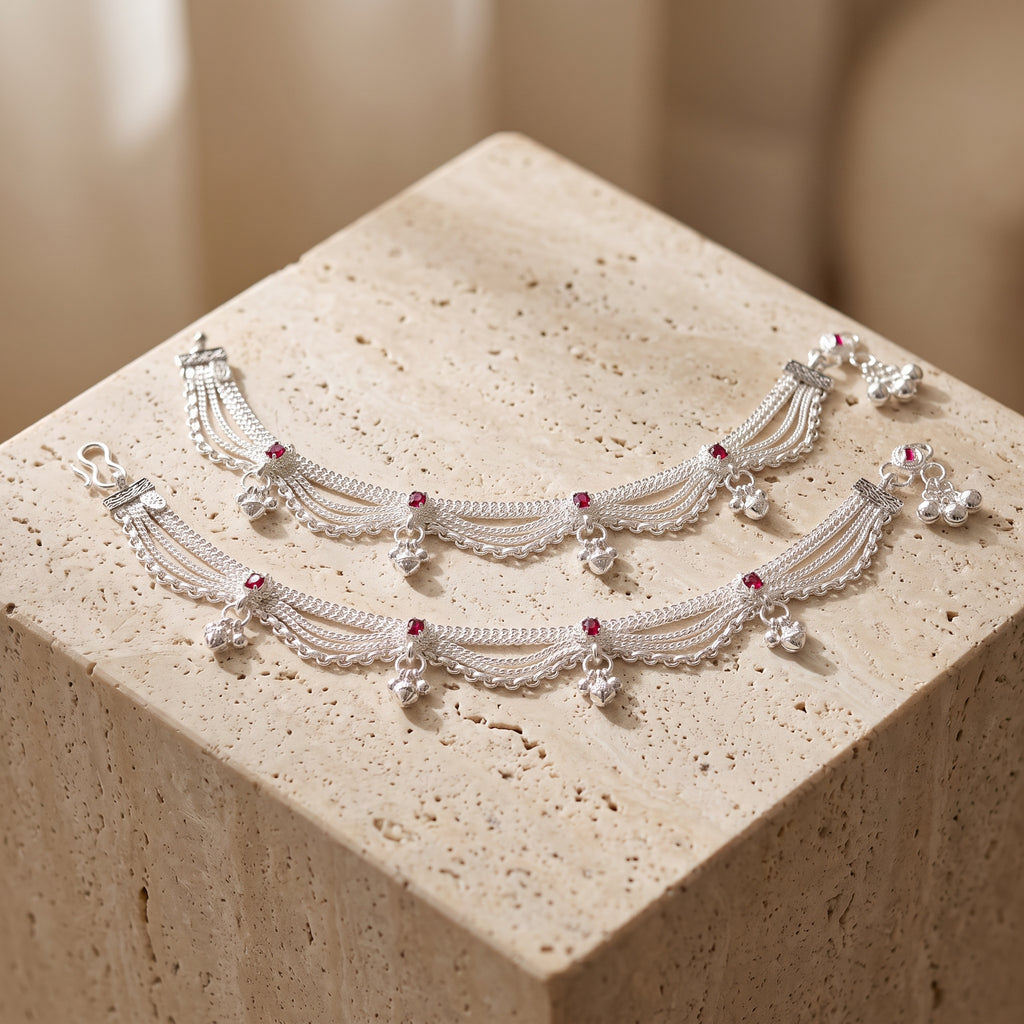 Handcrafted Anklet Pair with Ghungroo – Silver Finish