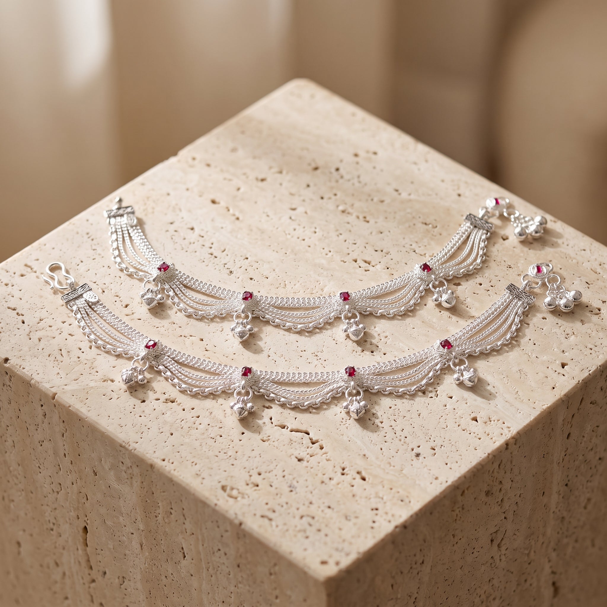 Handcrafted Anklet Pair with Ghungroo – Silver Finish
