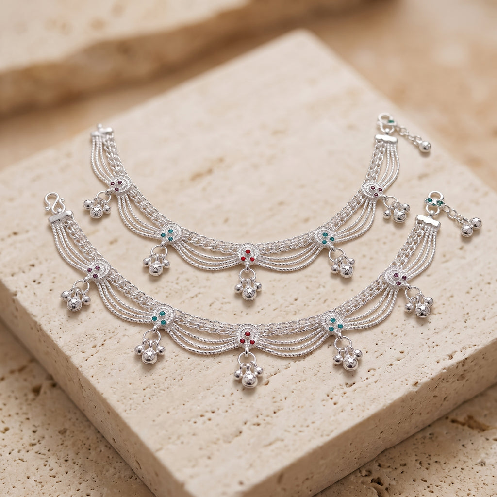 Handcrafted Anklet Pair with Ghungroo – Silver Finish