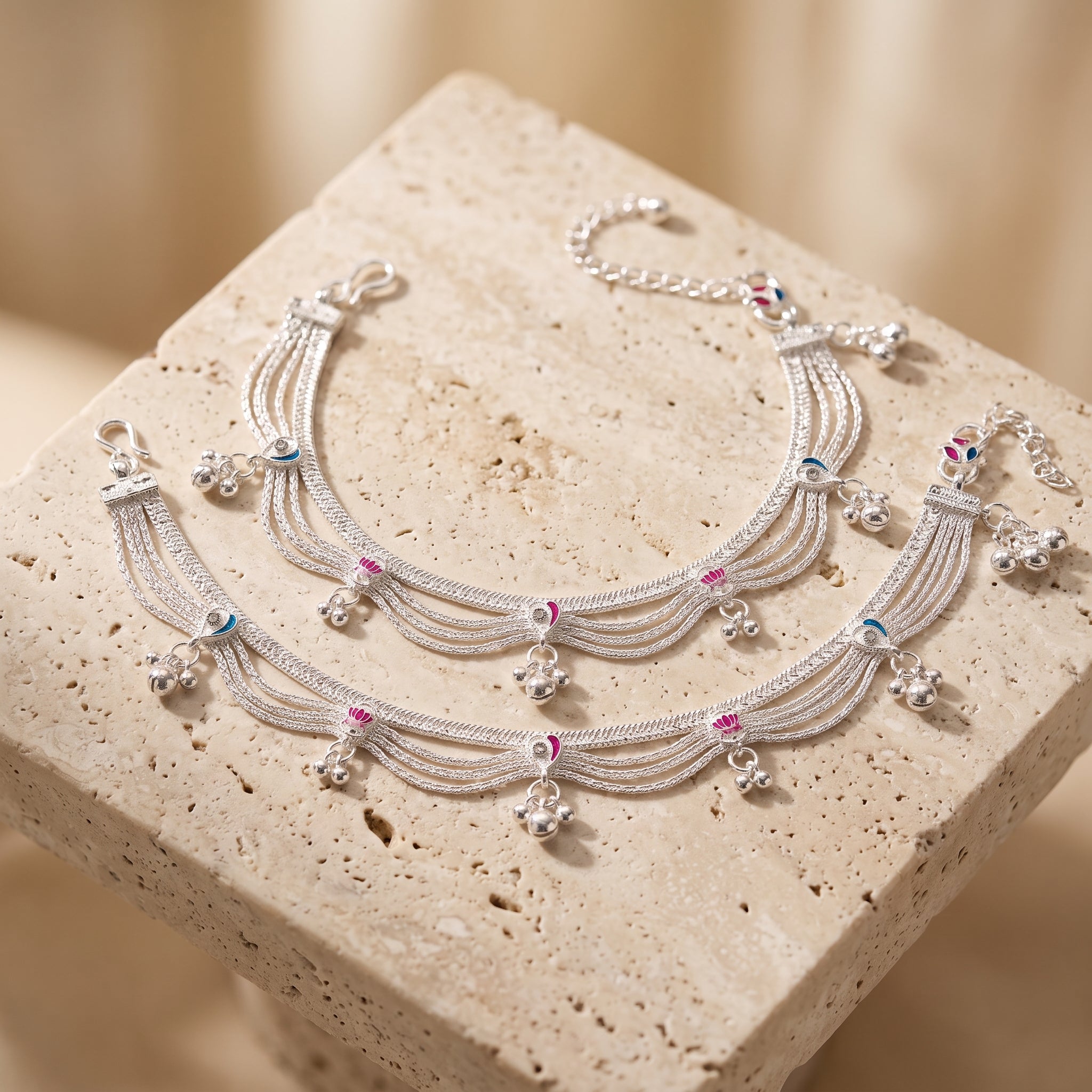 Handcrafted Anklet Pair with Ghungroo – Silver Finish