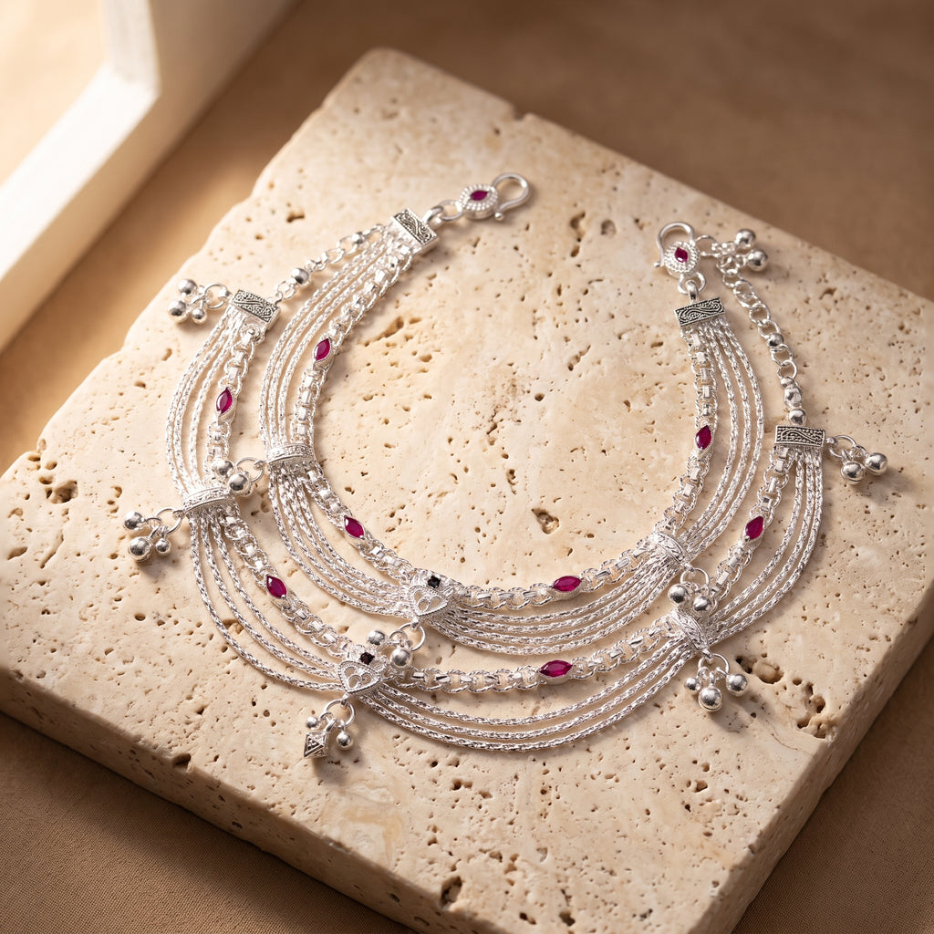 Handcrafted Anklet Pair with Ghungroo – Silver Finish