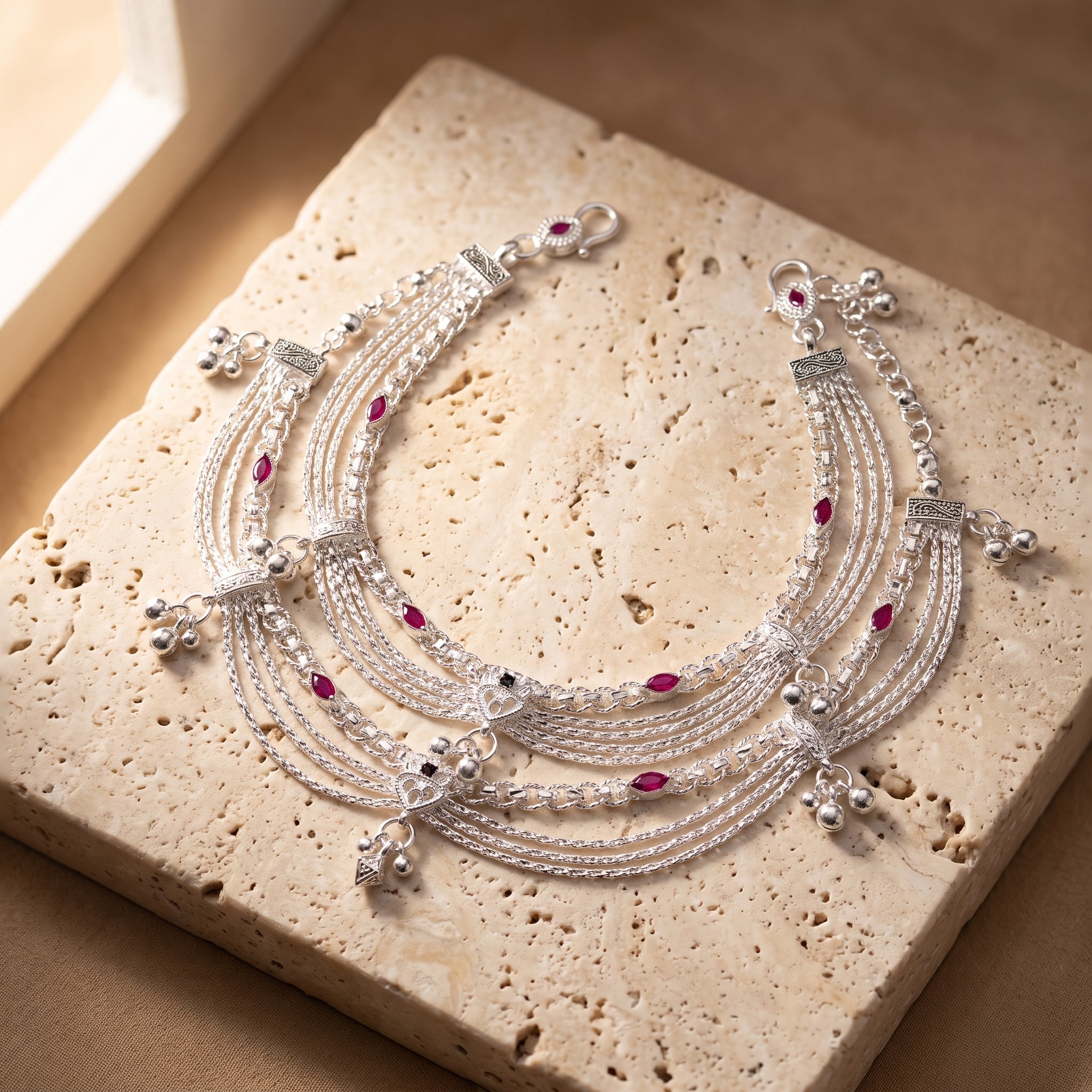 Handcrafted Anklet Pair with Ghungroo – Silver Finish