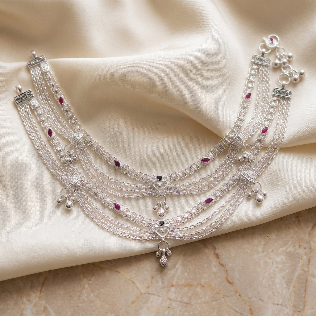 Handcrafted Anklet Pair with Ghungroo – Silver Finish