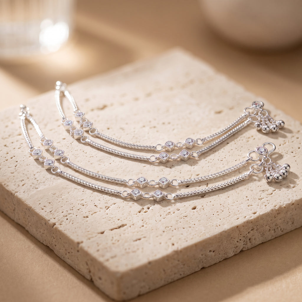 Handcrafted Anklet Pair with Ghungroo – Silver Finish