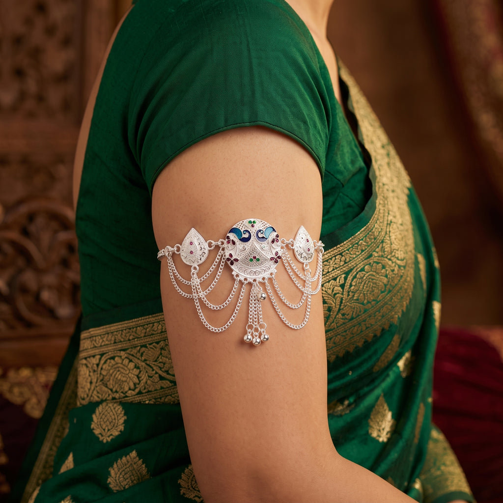 Traditional Bajuband for Women | Adjustable Silver Armlet
