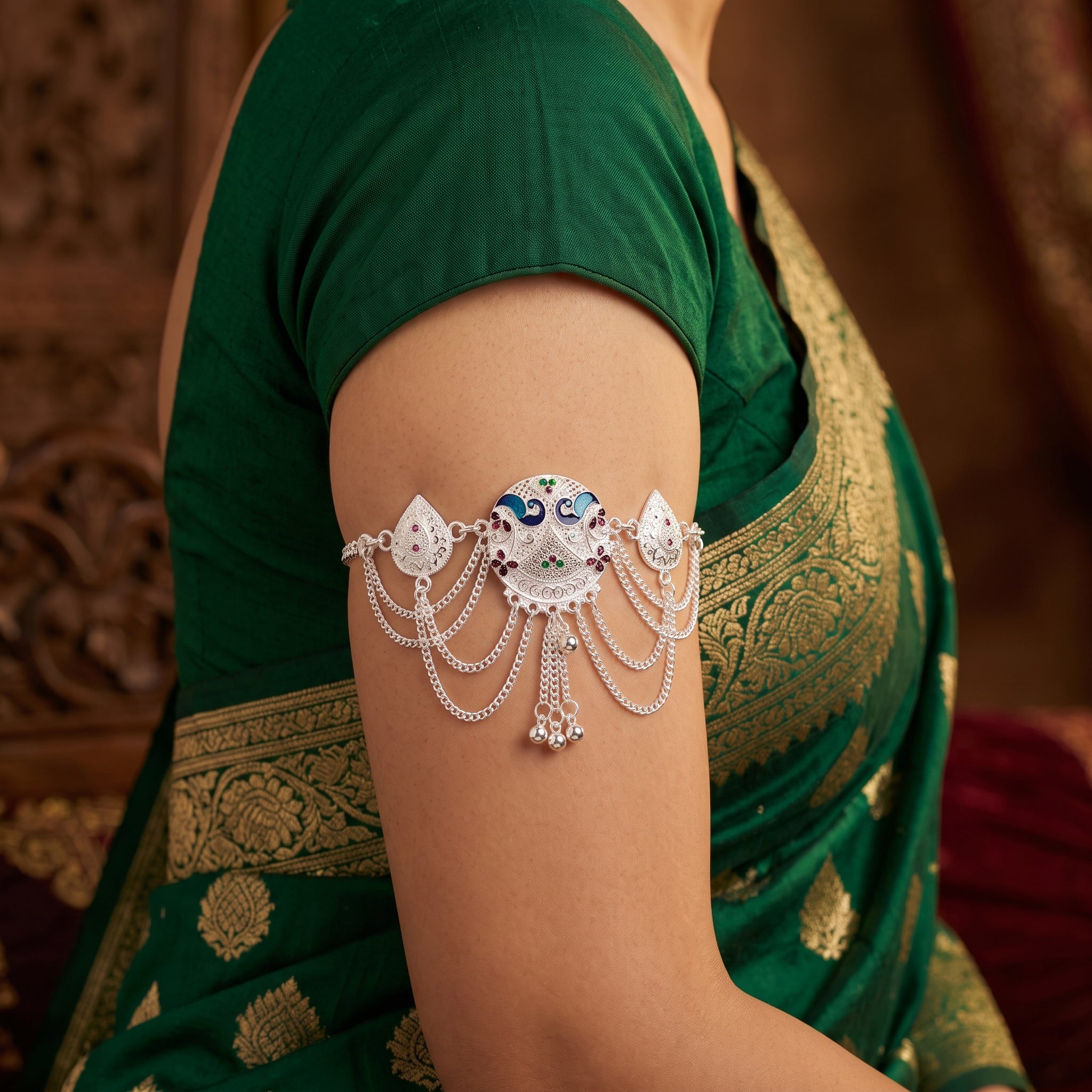 Traditional Bajuband for Women | Adjustable Silver Armlet