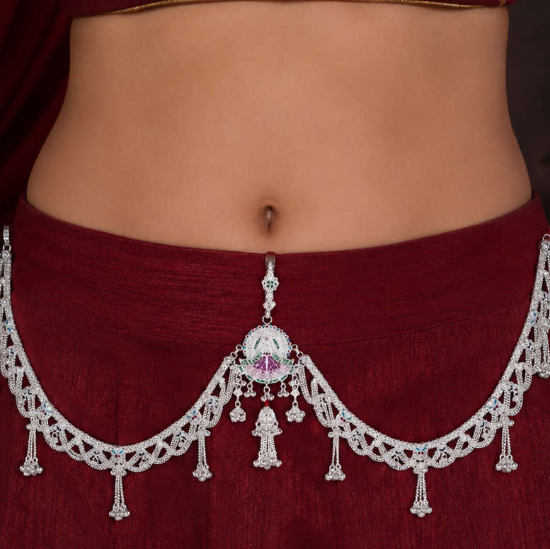 Meenakari Bridal Kamarband with Scalloped Mesh Chain by Radhe Payal