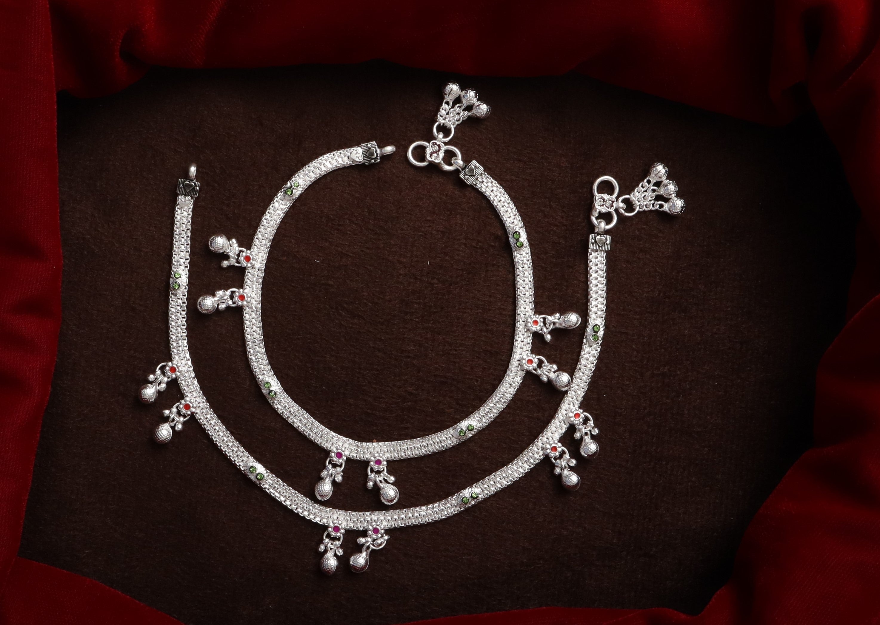 Premium German Silver Payal with Color Stone Work | Silver Plated Designer Anklet for Women & Girls