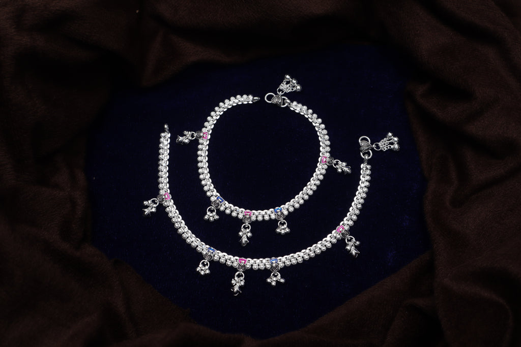 Royal Charm Color Stone Payal Pair – Traditional Silver Look Anklet