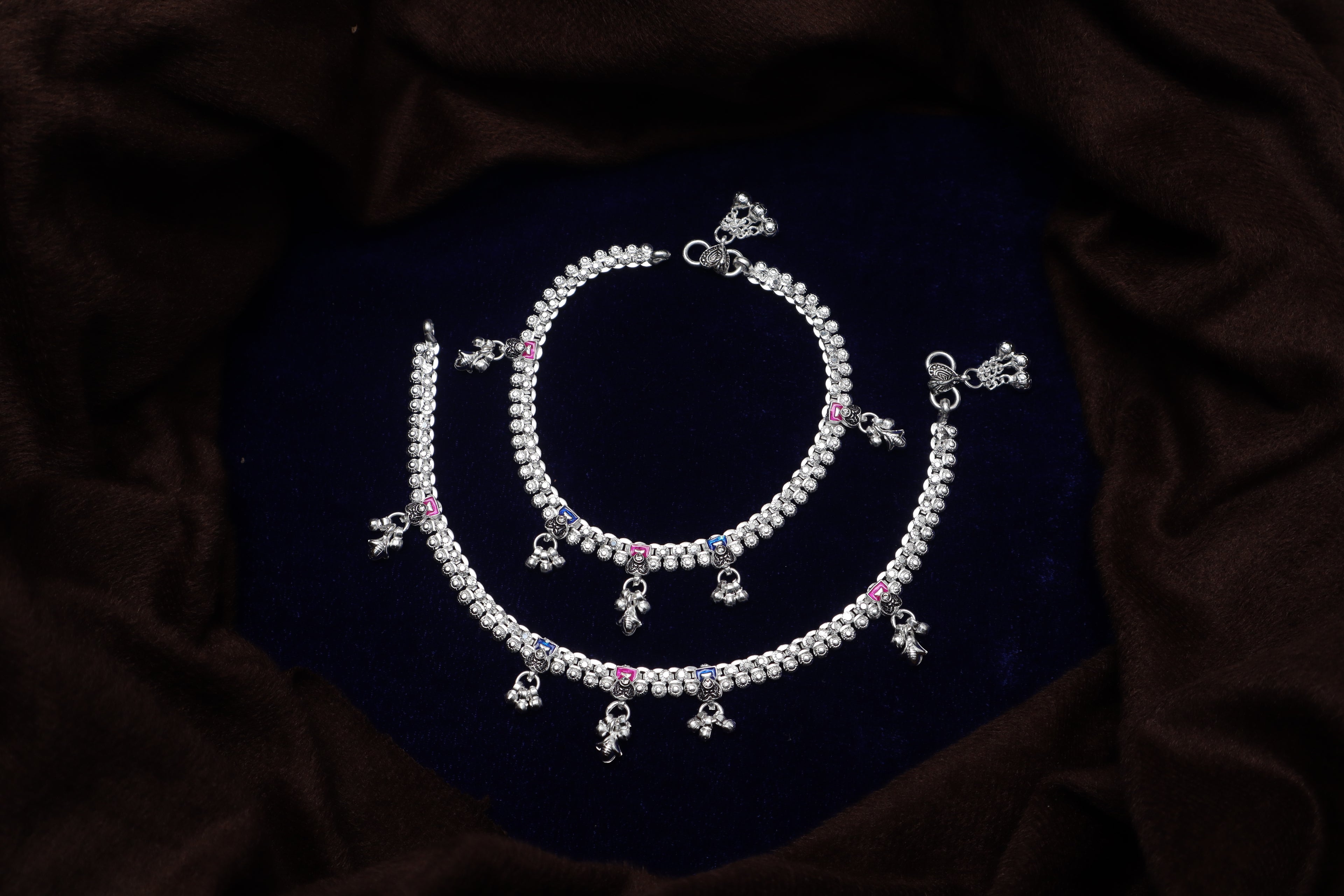 Royal Charm Color Stone Payal Pair – Traditional Silver Look Anklet