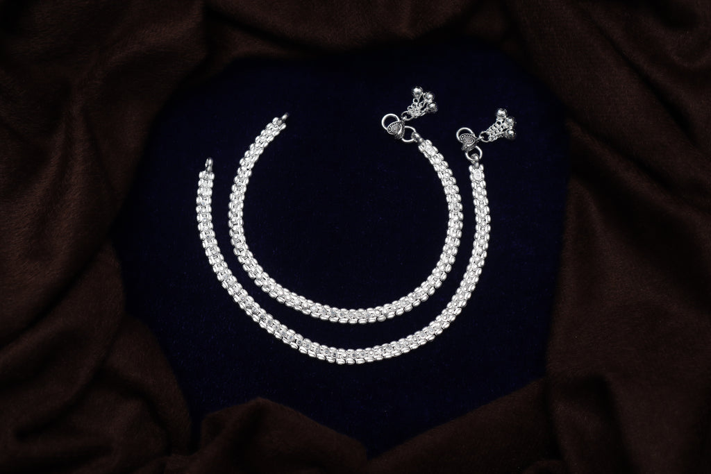 Traditional Sterling Silver Payal Set – Elegant Beaded Indian Anklets with Ghungroo Bells (Pair)