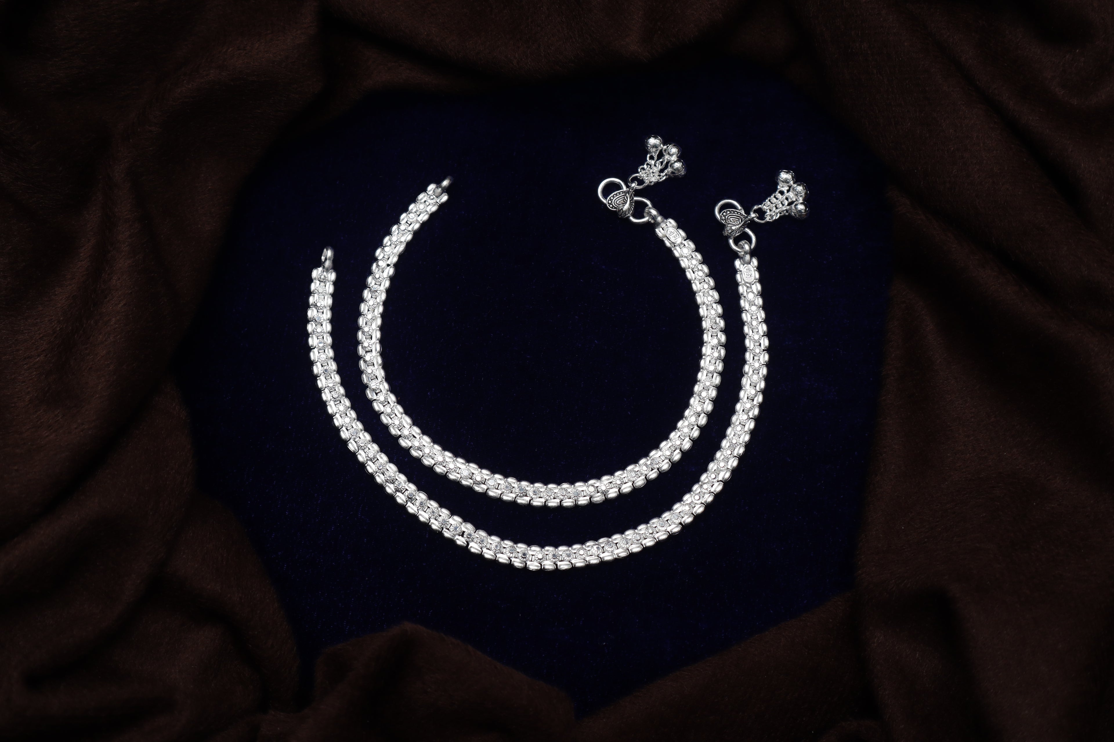 Traditional Sterling Silver Payal Set – Elegant Beaded Indian Anklets with Ghungroo Bells (Pair)