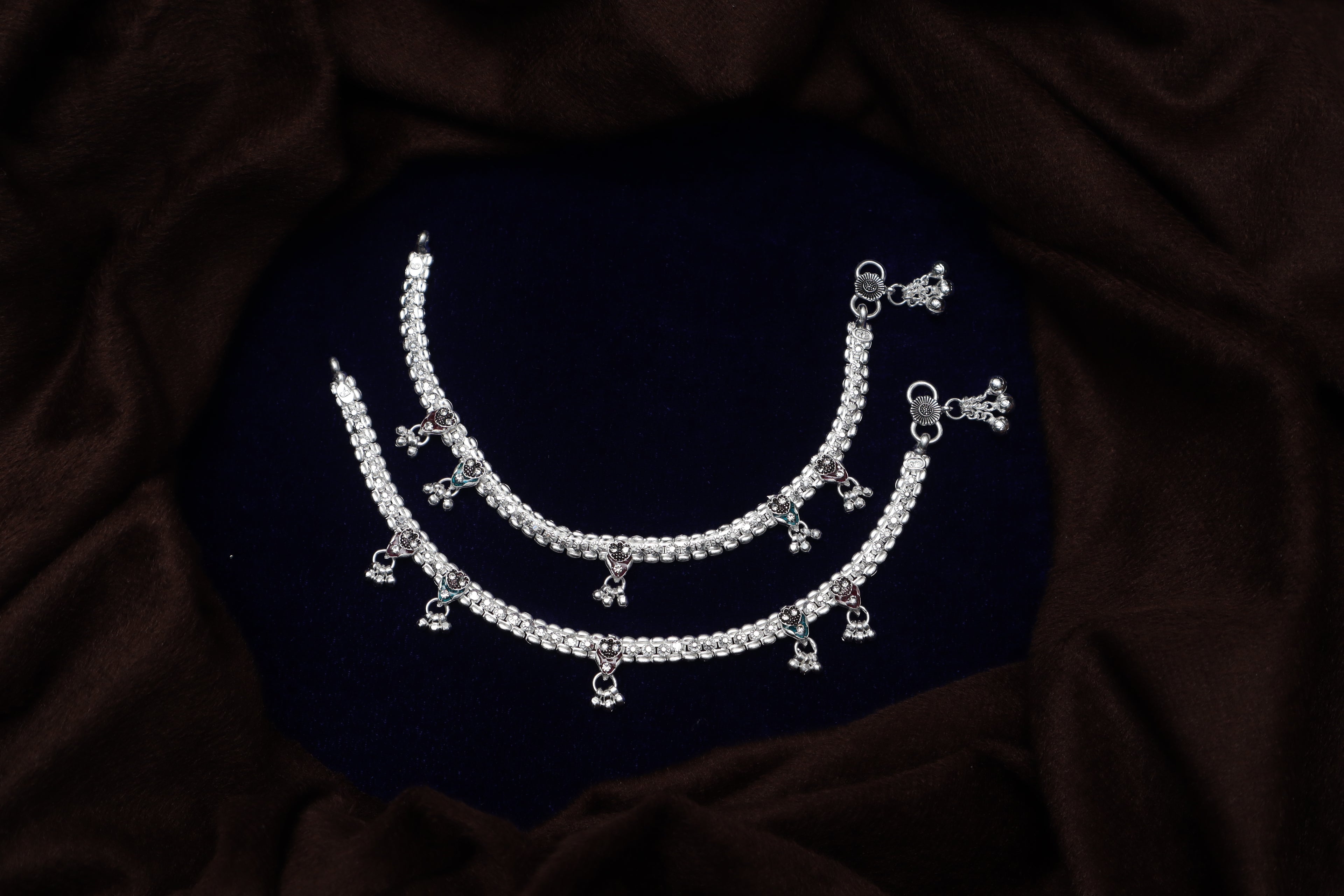 Traditional Oxidized Silver Payal Anklets with Decorative Ghungroo Charms (Pair)