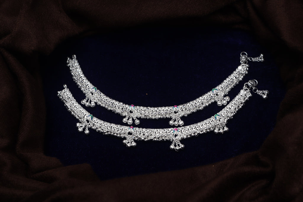 Heavy Traditional Silver-Plated Payal Anklets with Meenakari Accents and Ghungroo Charms (Pair)
