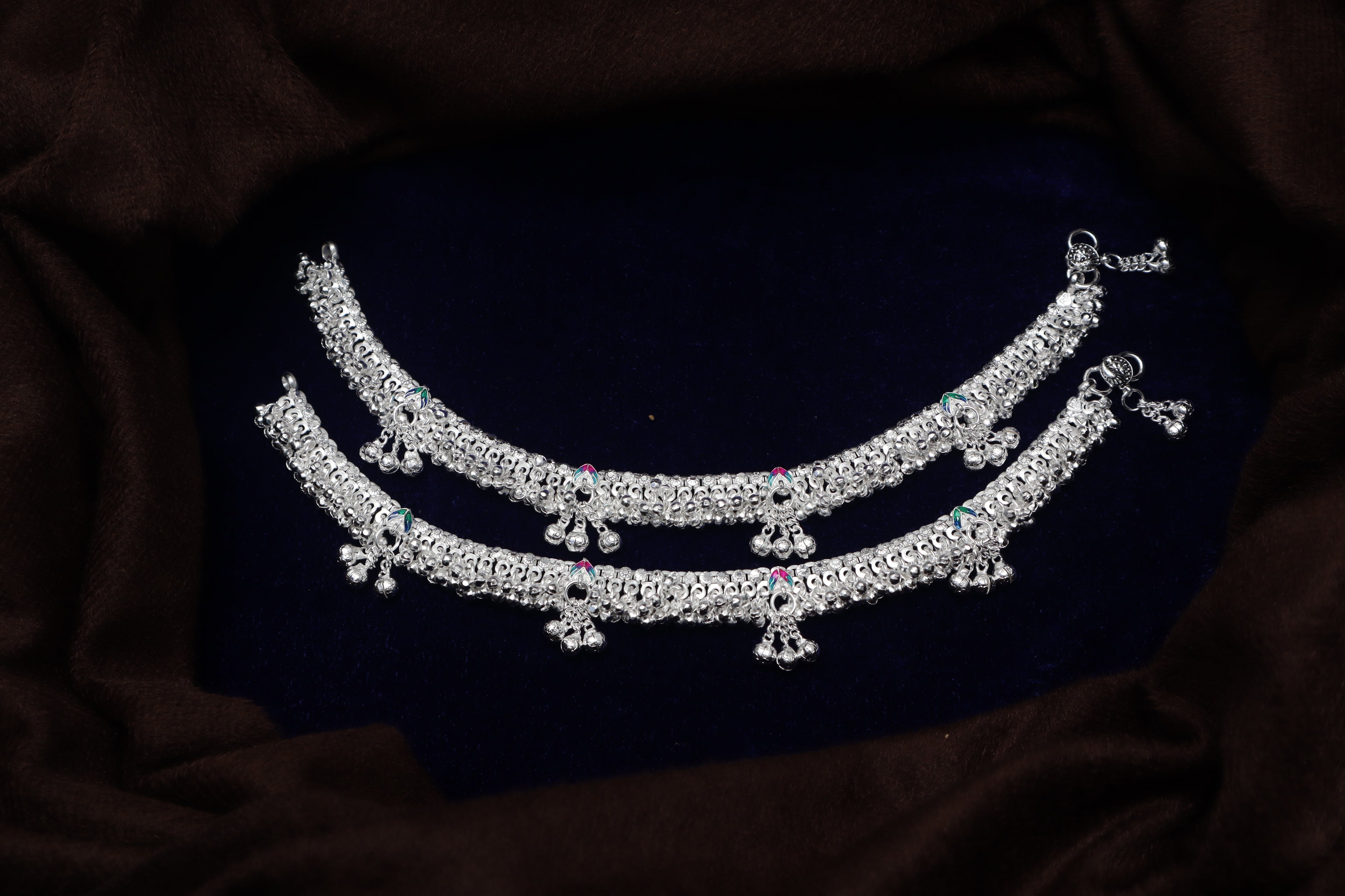 Heavy Traditional Silver-Plated Payal Anklets with Meenakari Accents and Ghungroo Charms (Pair)