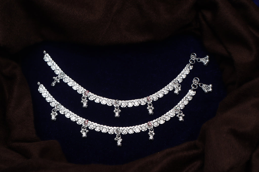 Floral Motif Silver-Plated Payal Anklets with Textured Links and Ghungroo Drops (Pair)