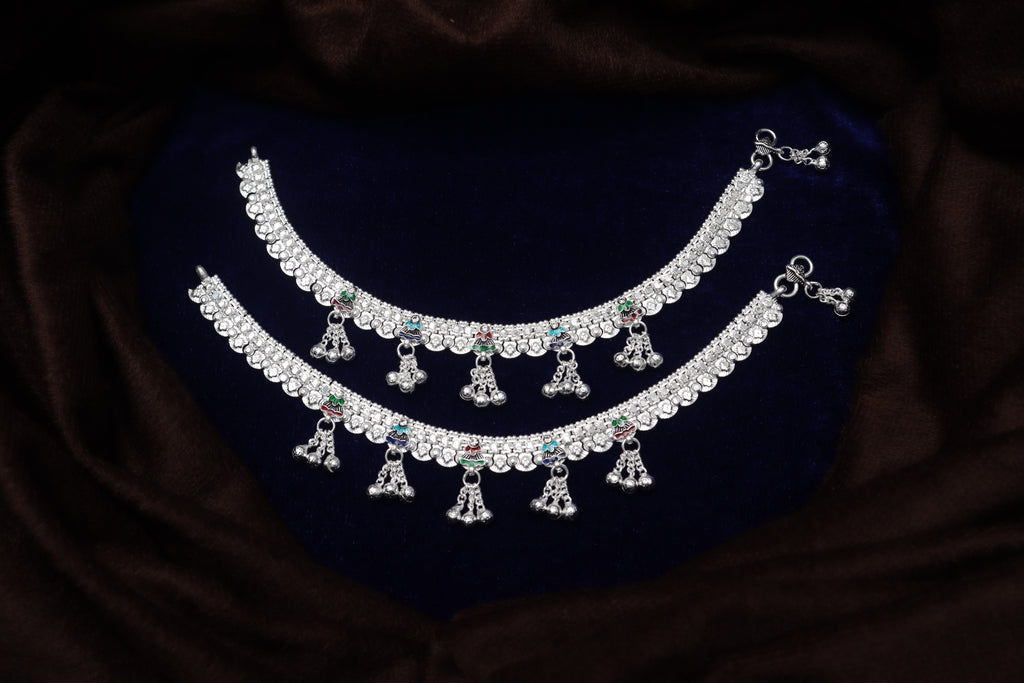Ornate Silver-Plated Payal Anklets with Multi-Color Meenakari Work and Tiered Ghungroo Drops (Pair)