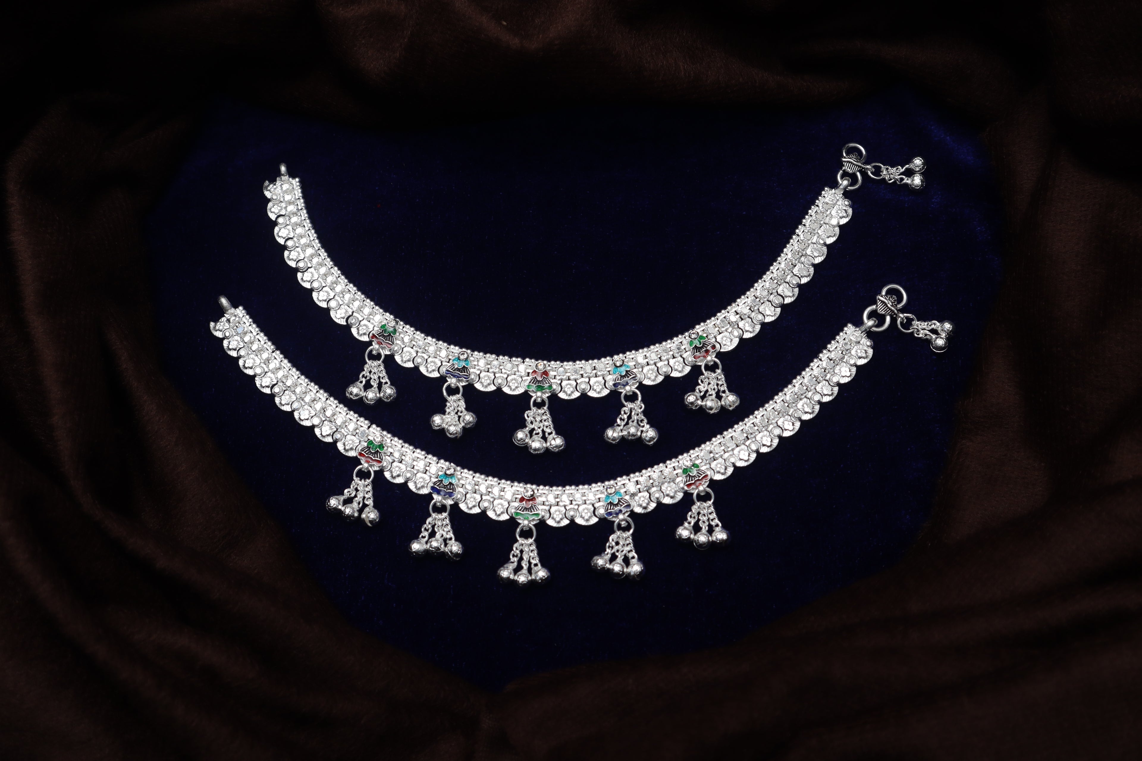 Ornate Silver-Plated Payal Anklets with Multi-Color Meenakari Work and Tiered Ghungroo Drops (Pair)