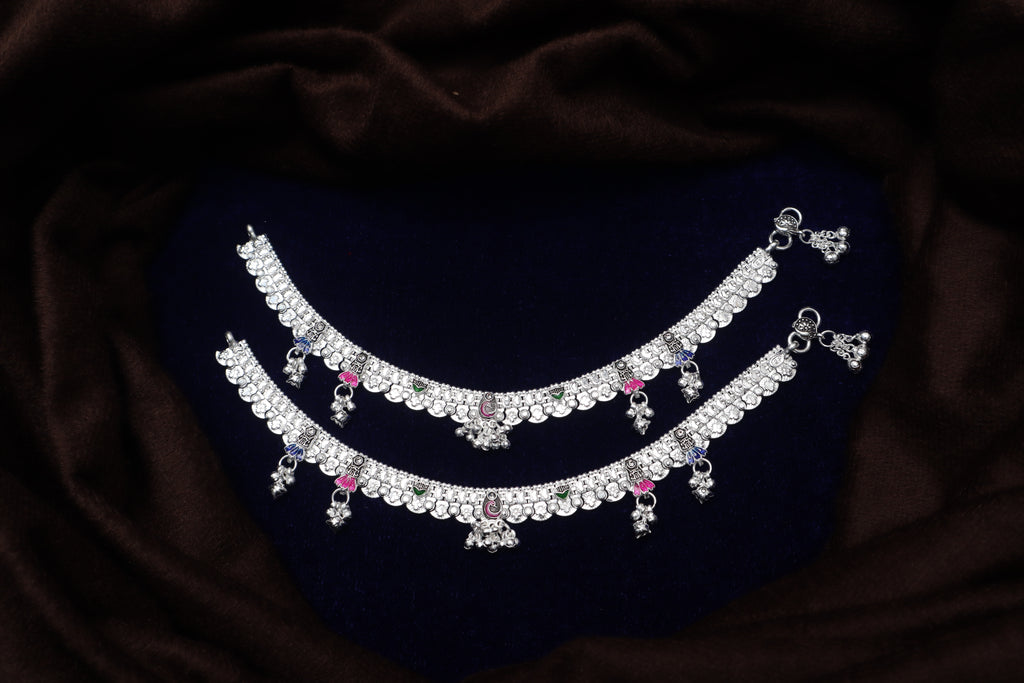 Royal Silver-Plated Payal Anklets with Multi-Color Enamel Accents and Central Jhumka Drops (Pair)