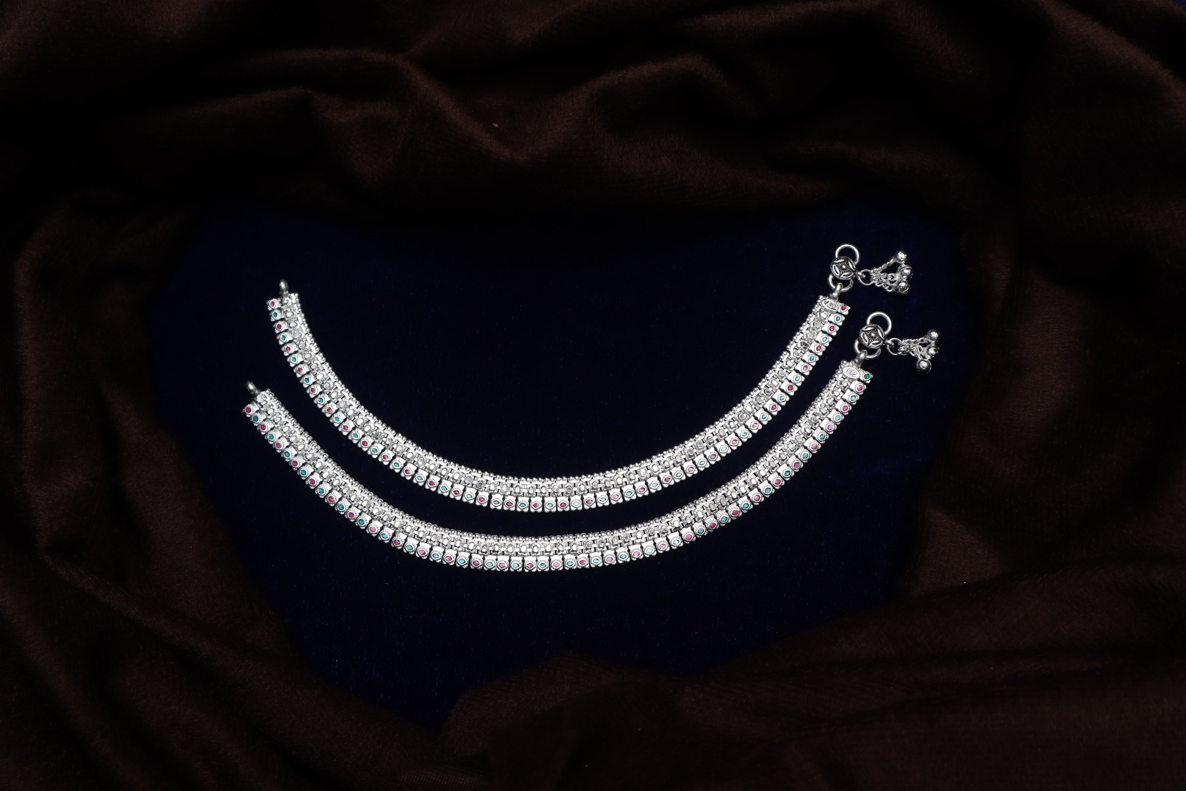 Elegant Silver-Plated Bridal Payal Set | Traditional Indian Anklets with Pink & Green Stone Accents and Ghungroo Bells