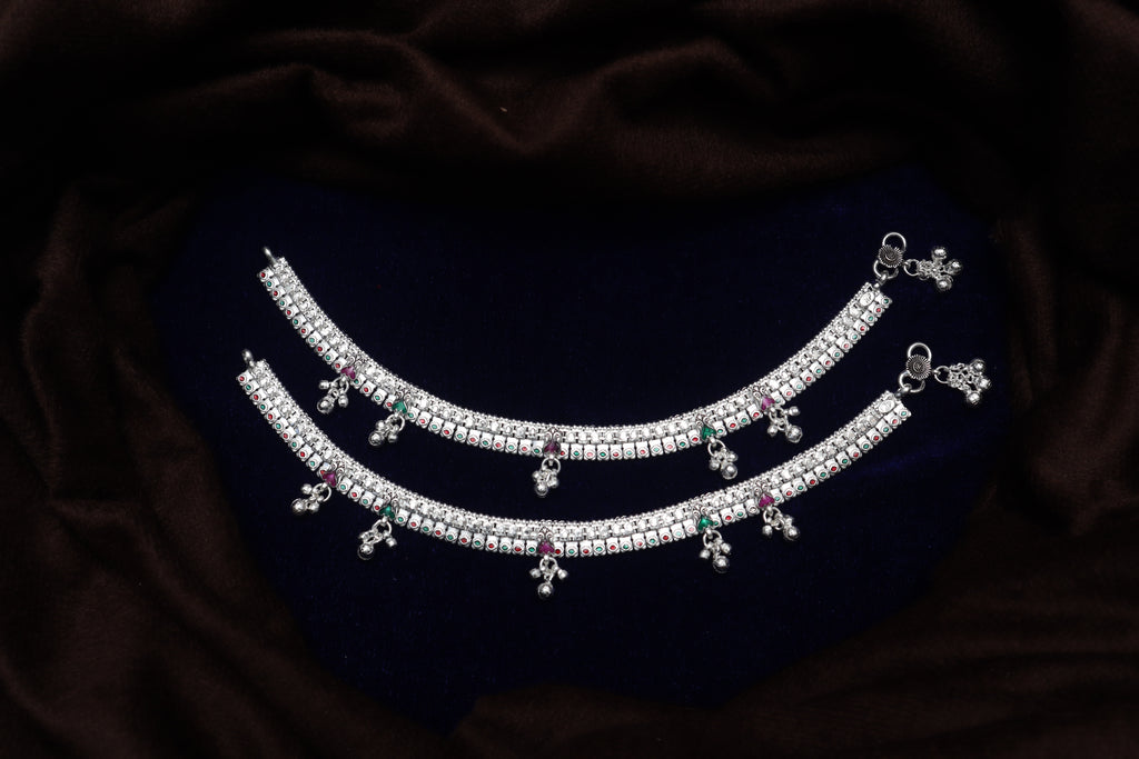 Traditional Silver-Plated Bridal Payal Set with Hanging Ghungroo Charms | Ethnic Indian Anklets with Pink & Green Accents