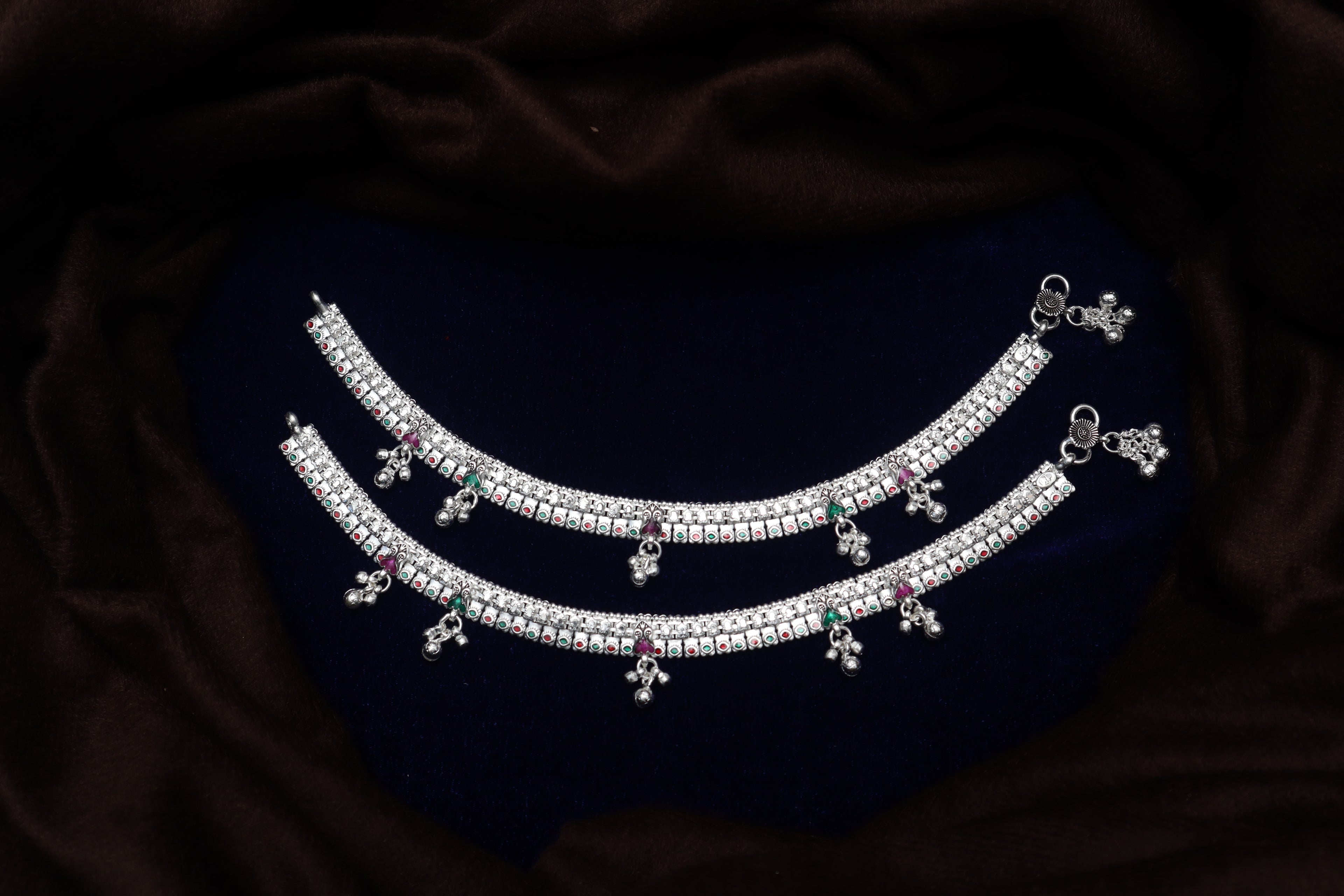 Traditional Silver-Plated Bridal Payal Set with Hanging Ghungroo Charms | Ethnic Indian Anklets with Pink & Green Accents