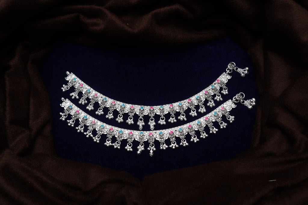 Exquisite Oxidized Silver Bridal Payal Set with Pink & Blue Meenakari and Heavy Ghungroo Drops