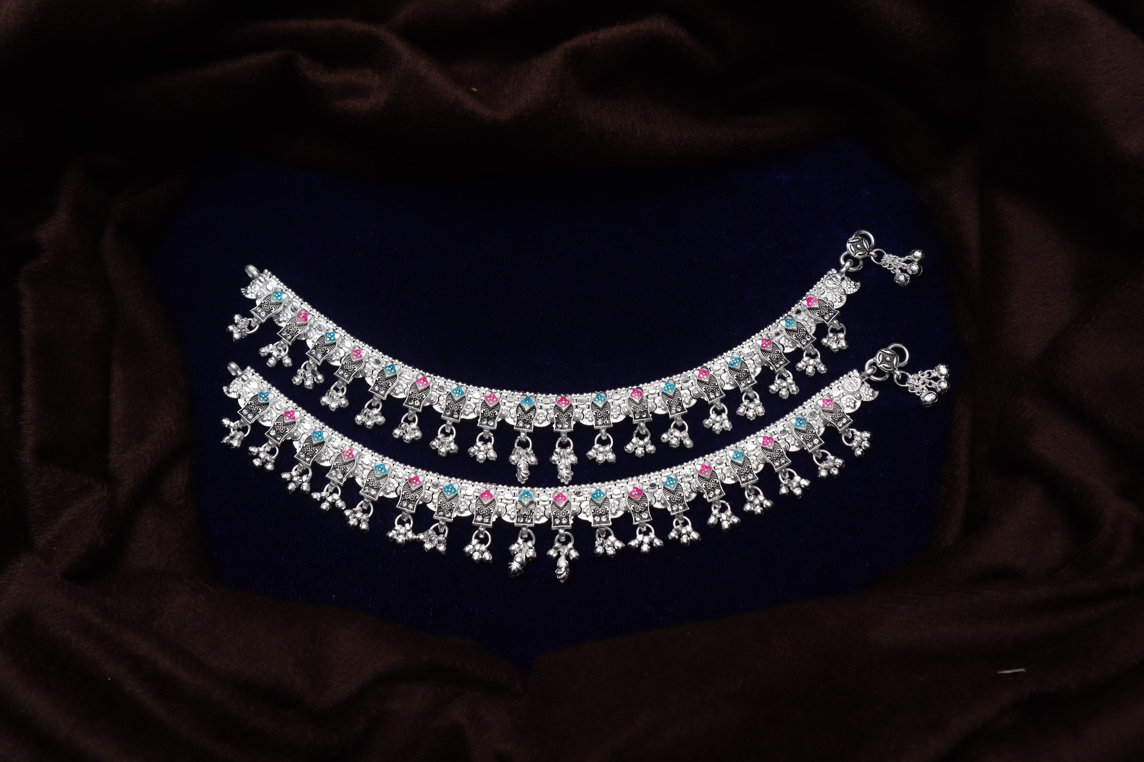 Exquisite Oxidized Silver Bridal Payal Set with Pink & Blue Meenakari and Heavy Ghungroo Drops