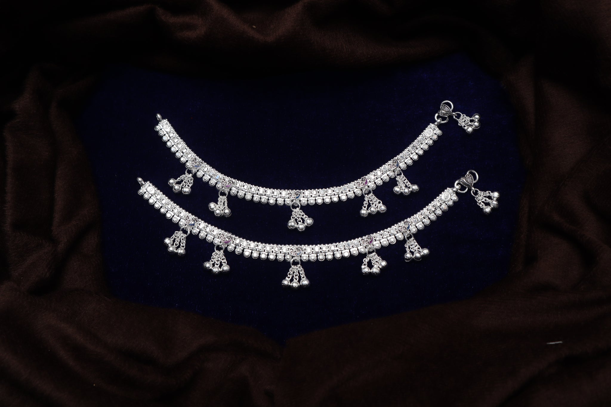 Classic Silver-Toned Traditional Payal Pair with Intricate Beadwork and Dangling Ghungroo Clusters