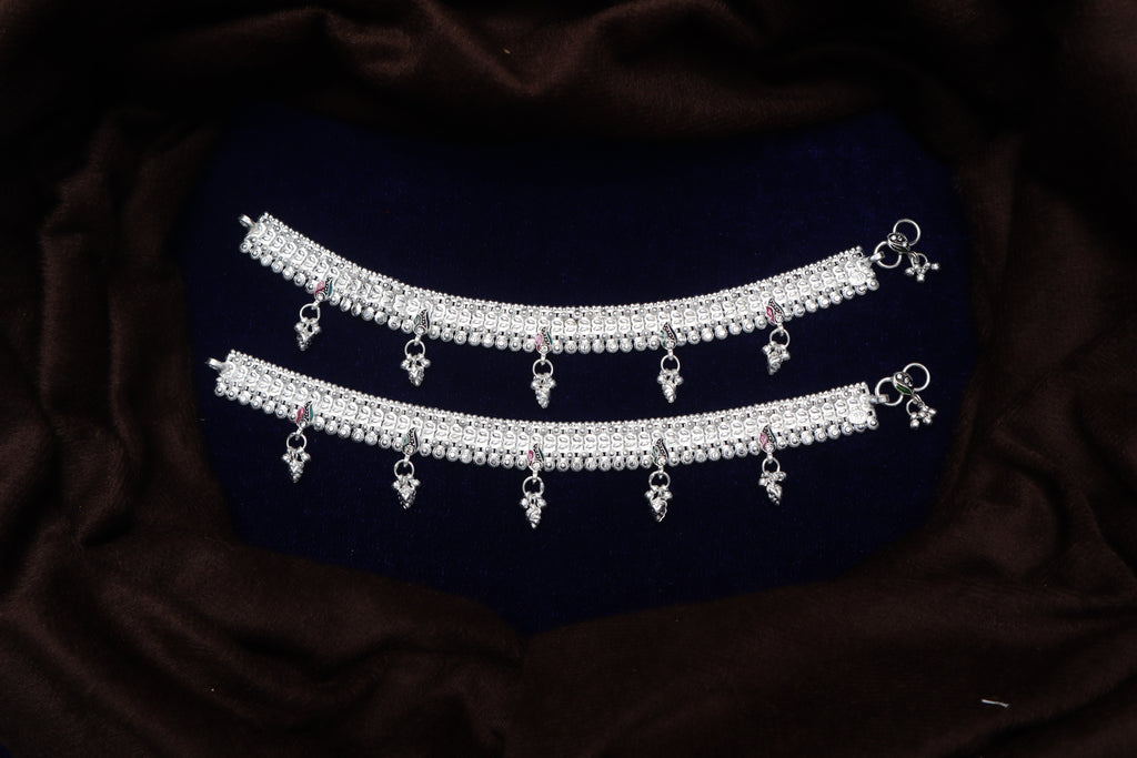Traditional Silver-Toned Floral Mesh Payal Pair with Meenakari Accents and Hanging Charm Drops