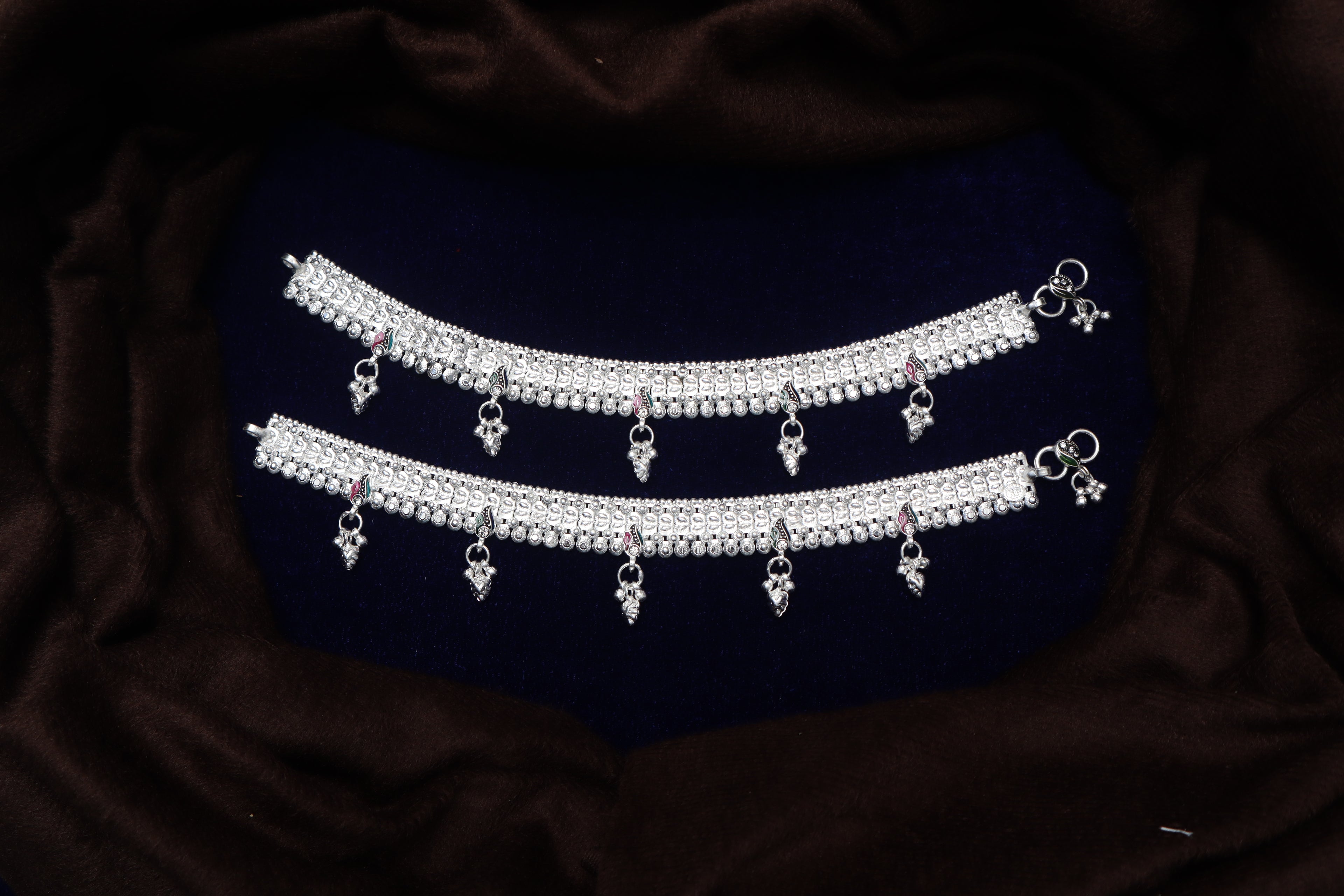 Traditional Silver-Toned Floral Mesh Payal Pair with Meenakari Accents and Hanging Charm Drops