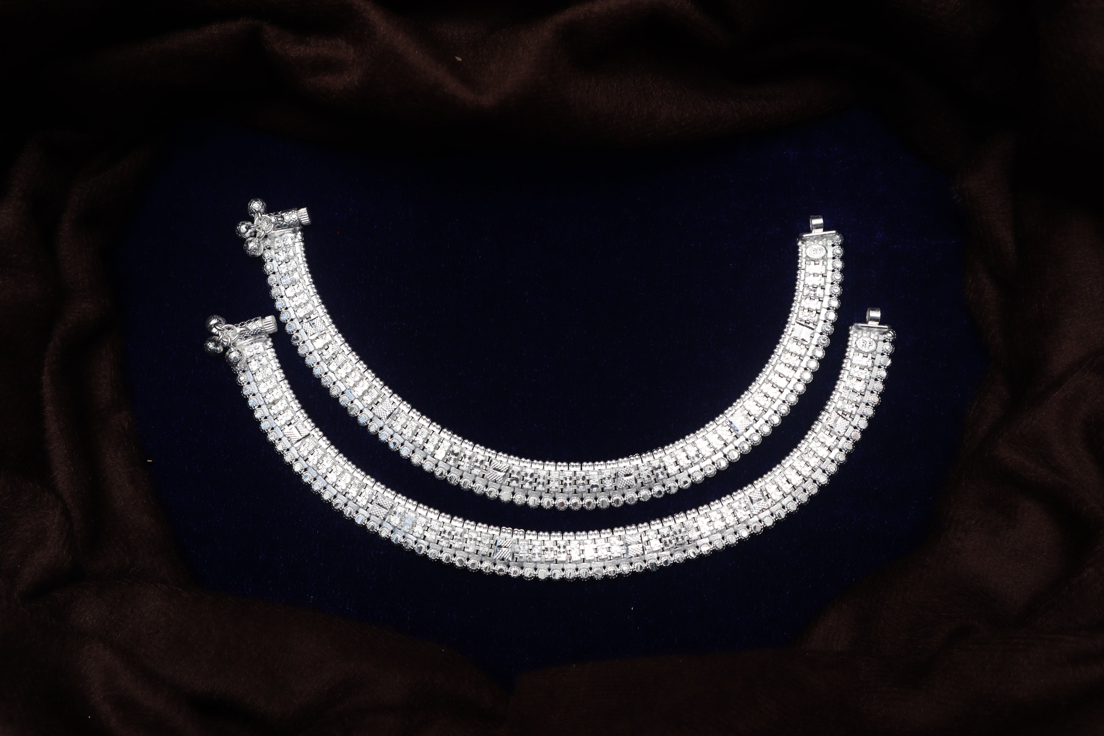 Elegant Sterling Silver Broad Payal Set – Traditional Indian Bridal Anklets with Intricate Carving and Ghungroo Clasp