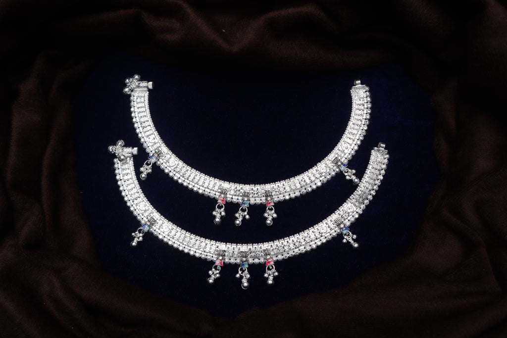 Traditional Sterling Silver Broad Payal Set with Meenakari Accents and Hanging Ghungroo Charms – Bridal Indian Anklets