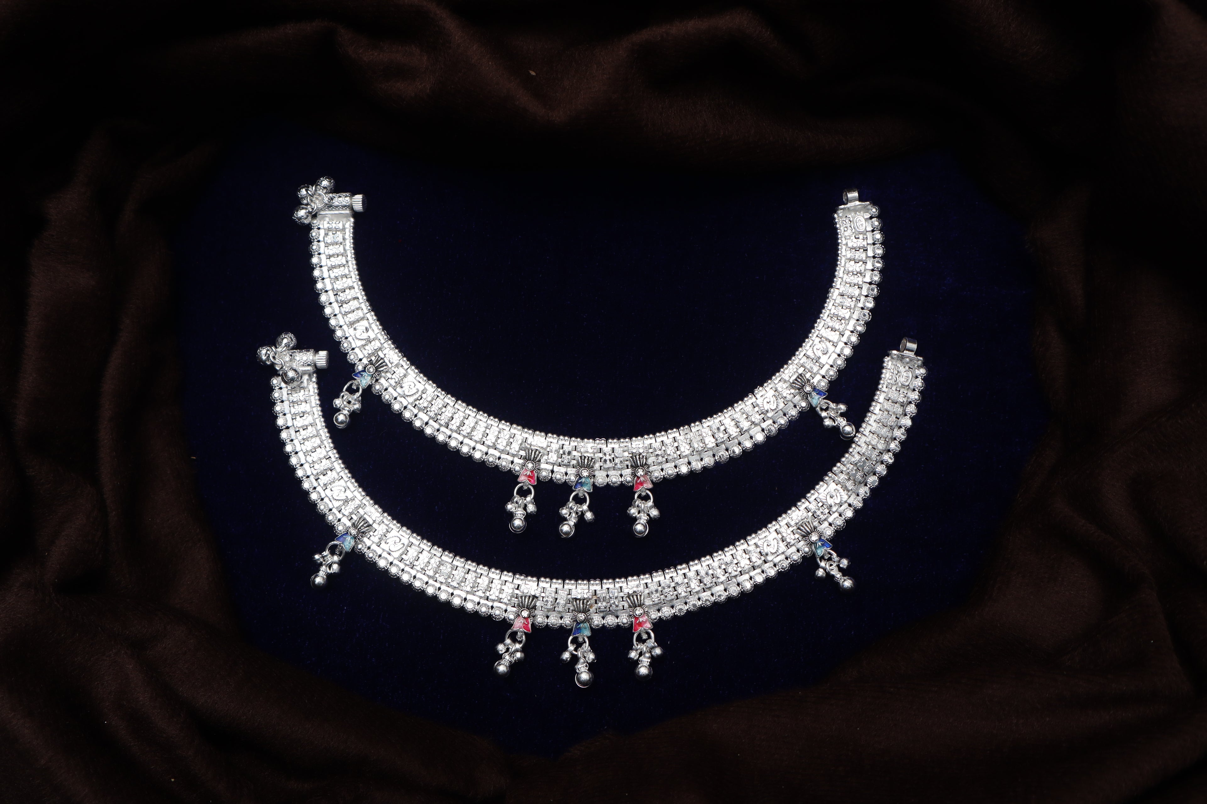 Traditional Sterling Silver Broad Payal Set with Meenakari Accents and Hanging Ghungroo Charms – Bridal Indian Anklets