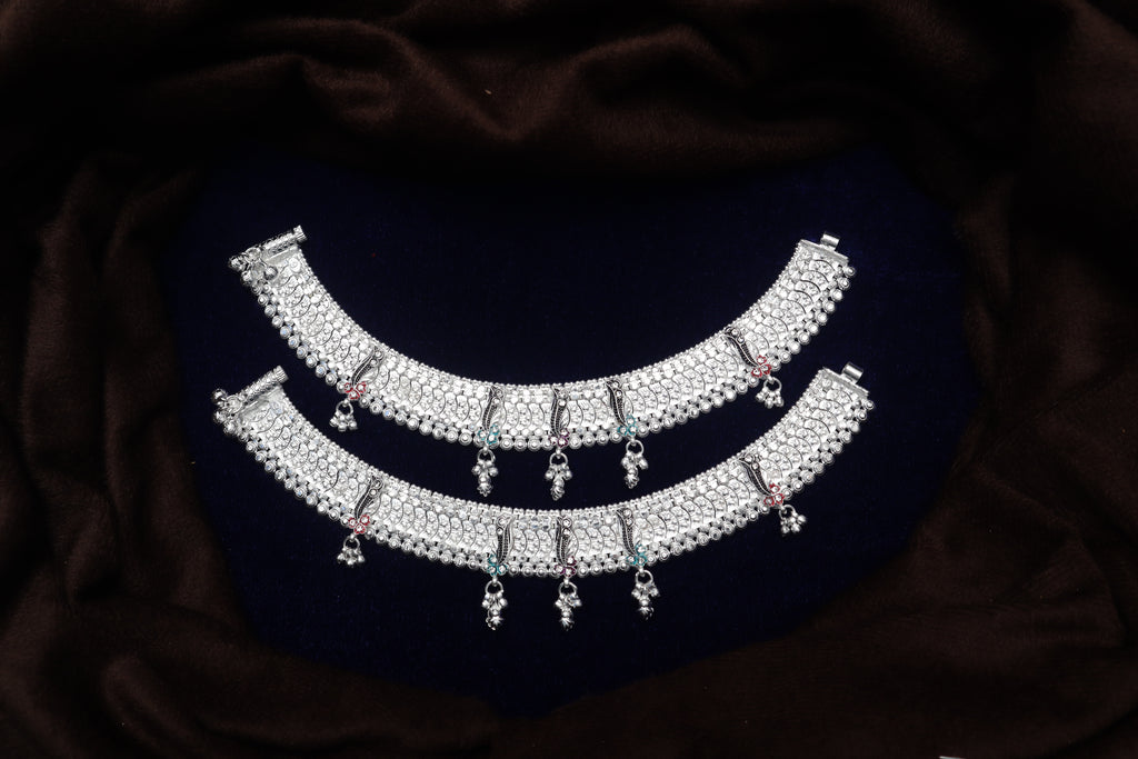 Traditional Silver Bridal Payal Set – Heavy Carved Indian Anklets with Meenakari Accents