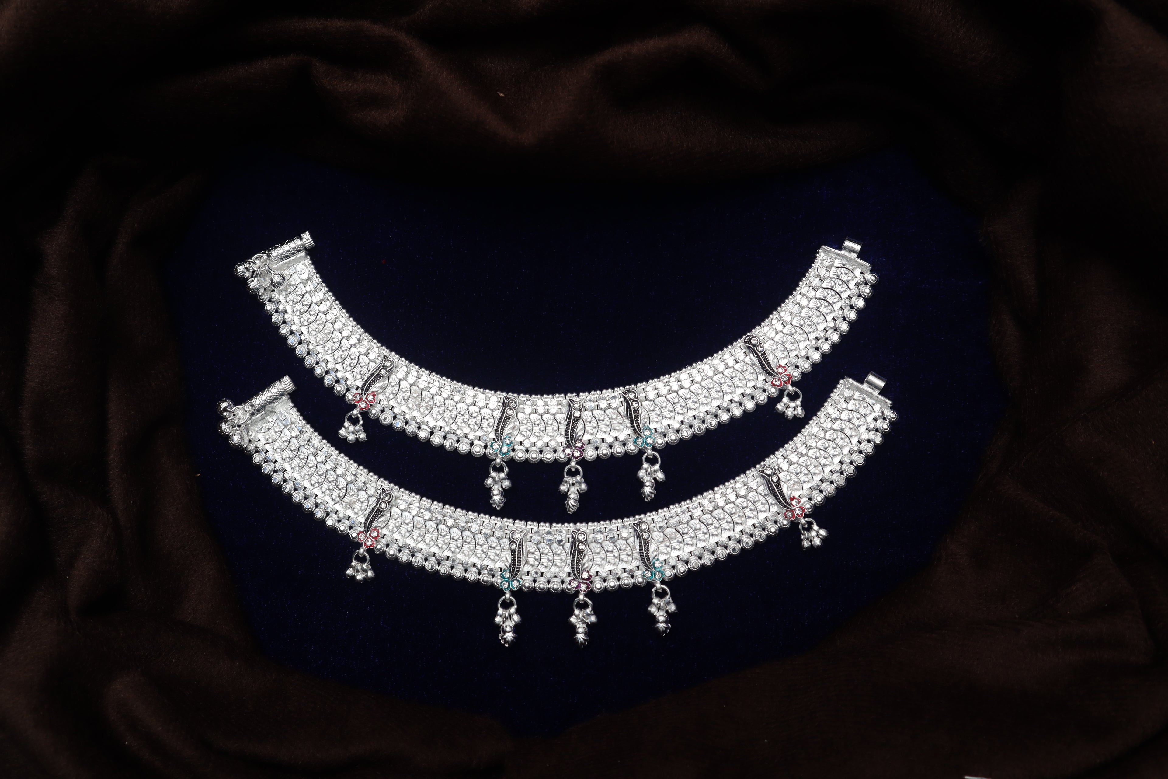 Traditional Silver Bridal Payal Set – Heavy Carved Indian Anklets with Meenakari Accents